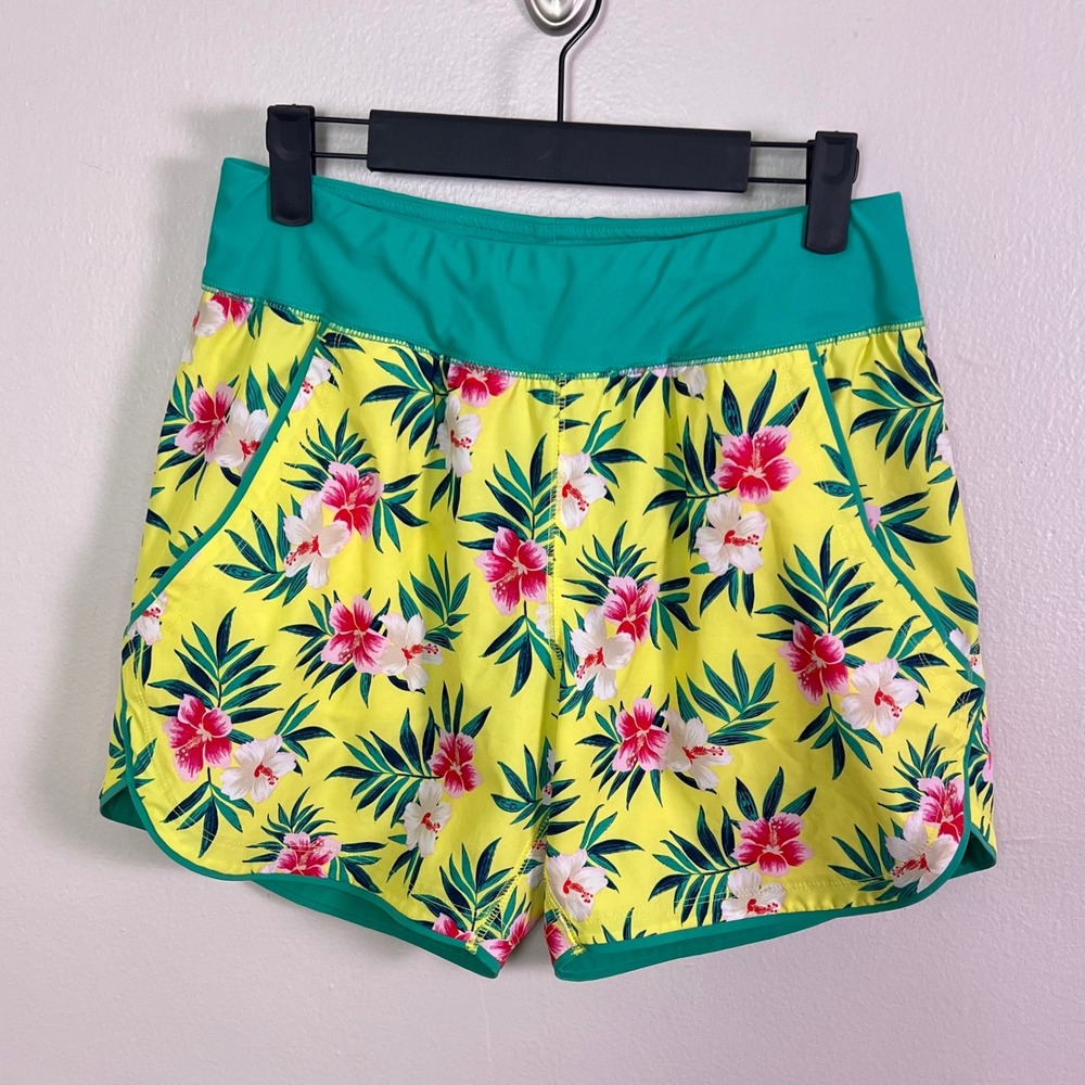 Lands' End Swim Board Shorts 4 Yellow Tropical Hibiscus Floral Beachwear Pockets